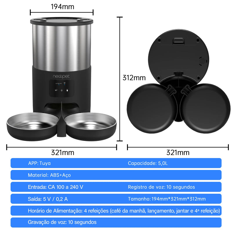 Alimentador automático para gatos e cães 5L inteligente para animais de estimação, Dispensador de alimentos com gravador de microfone Temporizador